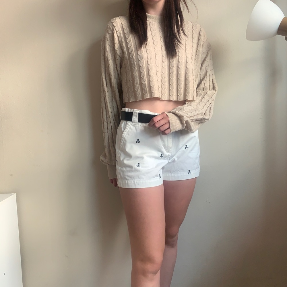 J.Crew skull shorts and Bachrach cropped sweater